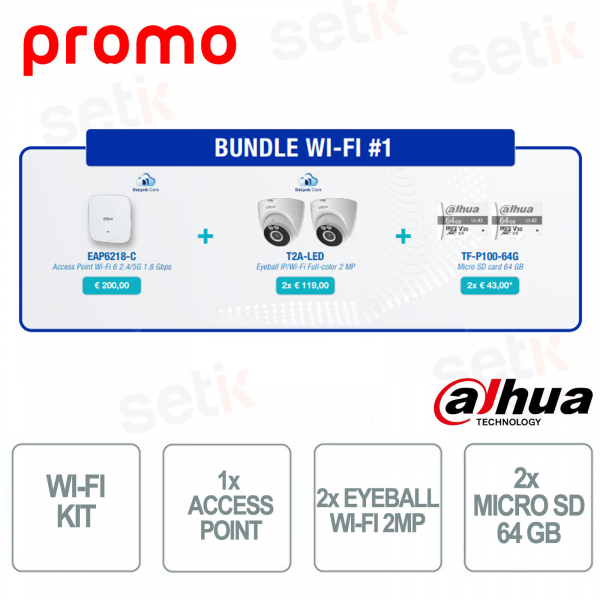 Pack Dahua Wi-Fi-1 avec point d'accès Wi-Fi 6, deux caméras 2 MP et carte MicroSD