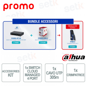 Dahua Accessory Bundle: 4-Port PoE Cloud Switch, 305m CAT6 UTP Cable, and RJ45/RJ11 Crimping Tool