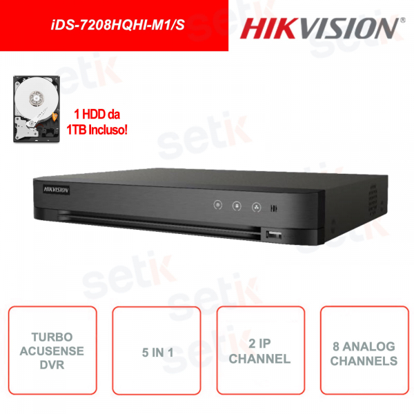 iDS-7208HQHI-M1/S - Hikvision - Turbo Acusense DVR - 5in1 - 2 IP channel - 8 analog input channels - Includes 1TB HDD