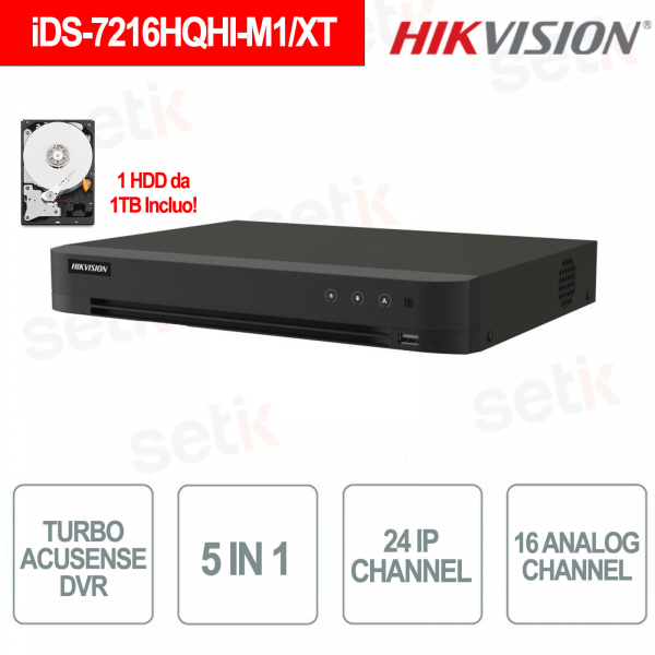 iDS-7216HQHI-M1/S - Hikvision - Turbo Acusense DVR ONVIF® - 5in1 - 2 IP channels - 16 analog channels 6MP - Includes 1TB HDD