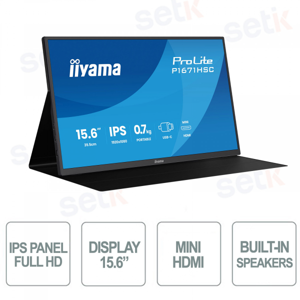 Moniteur portable iiyama ProLite P1671HSC-B1 – 15,6 pouces Full HD USB-C avec coque en cuir et haut-parleurs intégrés