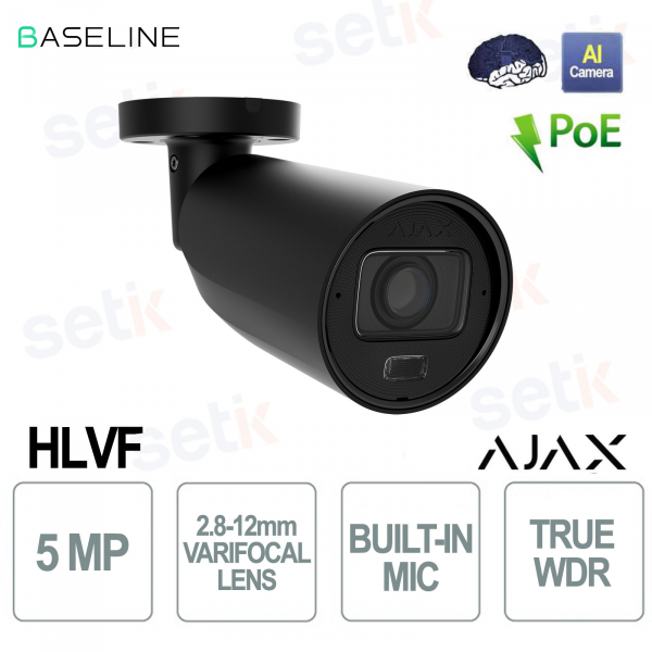 Caméra bullet noire 5 MP avec IA, vision nocturne 60 m et objectif varifocal motorisé - Ajax