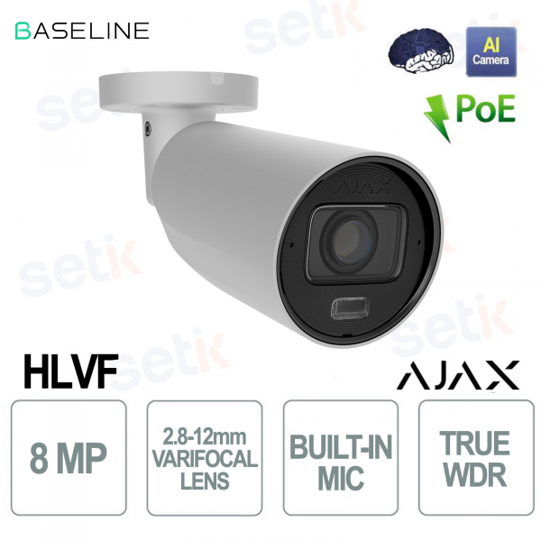Caméra BulletCam Ajax 8MP blanche avec intelligence artificielle, vision nocturne jusqu'à 60 m et objectif varifocal motorisé