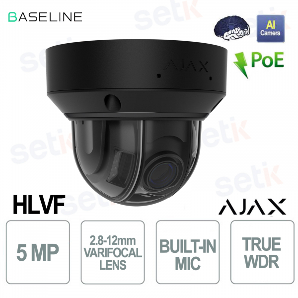 Caméra dôme noire 5 MP avec IA, vision nocturne et objectif varifocal motorisé