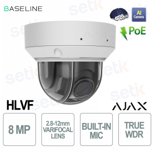 Ajax DomeCam HLVF telecamera IP 8MP con ottica varifocale 2.8–12 mm, visione AI e colore bianco
