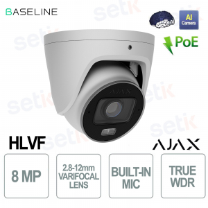 Caméra tourelle Ajax HLVF 8MP blanche avec IA, vision nocturne et objectif varifocal