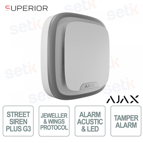 Sirena Ajax Superior StreetSiren Plus G3 Bianco: Sicurezza Professionale Antisabotaggio per Interni ed Esterni