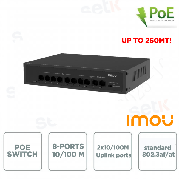 Switch PoE 10 Porte – 8 PoE + 2 Uplink 65W | 802.3af/at 250m Plug & Play