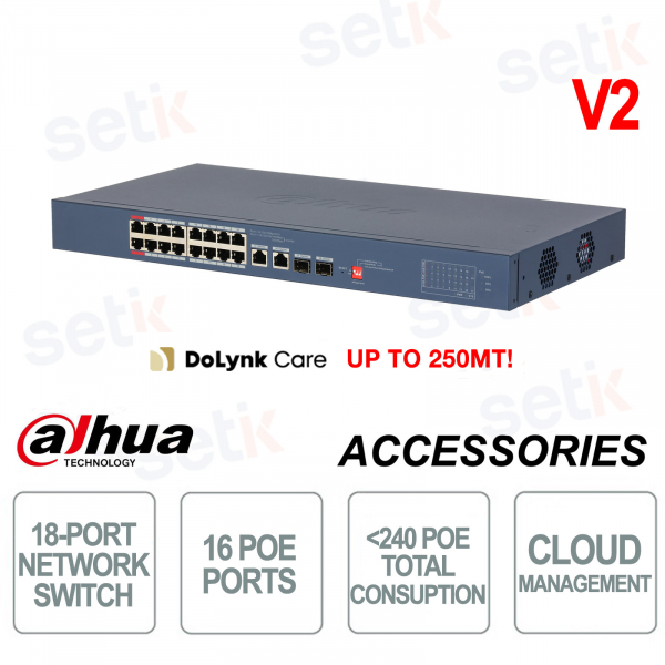 Switch PoE 18 Porte Cloud Managed con 16 Canali PoE e Potenza Totale 240W per Videosorveglianza IP - Dahua