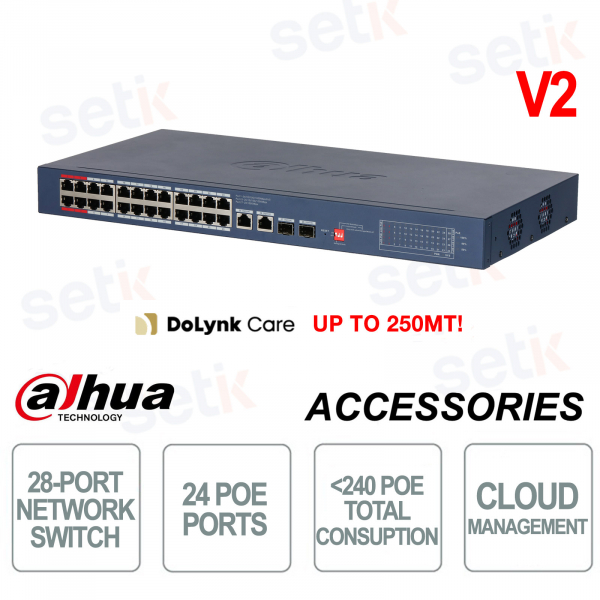 Dahua 28-Channel Cloud Managed Gigabit PoE Switch with 24 PoE Ports and 240W Total Power