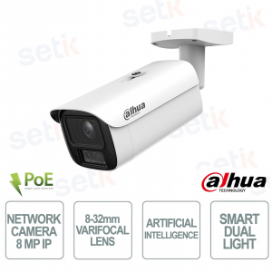WizMind 8MP IP Camera with 8-32mm Varifocal Lens AI Smart Dual Light IP67 IK10 - Dahua