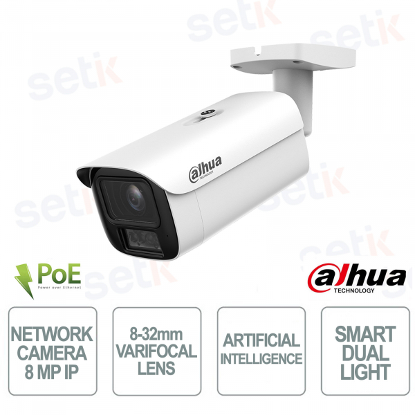 Telecamera IP WizMind 8MP con Ottica Varifocale 8-32mm AI Smart Dual Light IP67 IK10 - Dahua