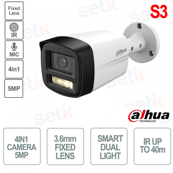 Telecamera HDCVI 5MP S3 con Ottica 3.6mm Smart Dual Light Microfono IP67 - Dahua