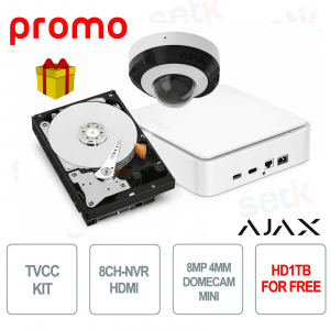 KIT AJAX SYSTEMS – NVR 8 Canali con HDMI + DomeCam Mini 8MP + HDD 1TB Omaggio