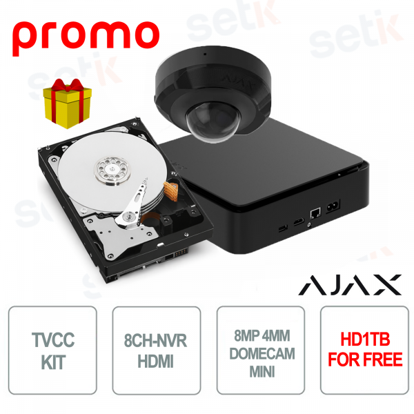 AJAX SYSTEMS KIT – 8-Channel NVR with HDMI + 8MP Mini DomeCam + Free 1TB HDD Black