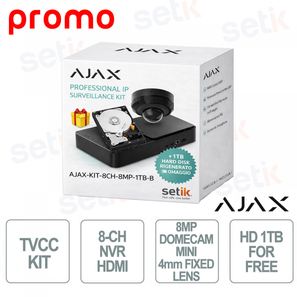 AJAX SYSTEMS KIT – 8-Channel NVR with HDMI + 8MP Mini DomeCam + Free 1TB HDD Black