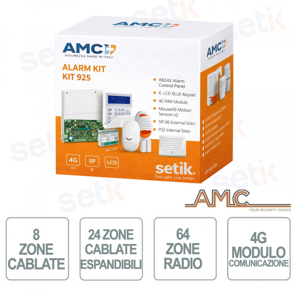 Kit antifurto AMC - centrale ibrida 8/24 zone cablate - 64 radio