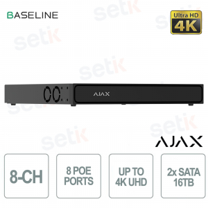 Ajax H2D8PAC 8-Channel 4K NVR with 8 PoE, AI, H.265, and 2 16TB HDDs, ONVIF, Black for Professional IP Video Surveillance