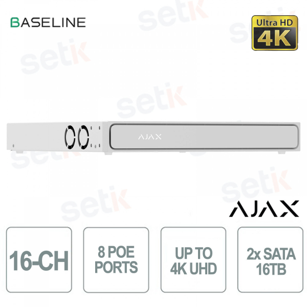 NVR H2D8PAC 16 Canali 4K con 8 PoE, AI, H.265 e 2 HDD 16TB ONVIF Bianco per Videosorveglianza IP Professionale - Ajax