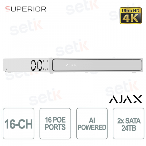 Superior NVR H2DAI16PAC 16 Canali 4K AI con 16 PoE 200W e HDD 24TB Bianco per Videosorveglianza IP Professionale - Ajax