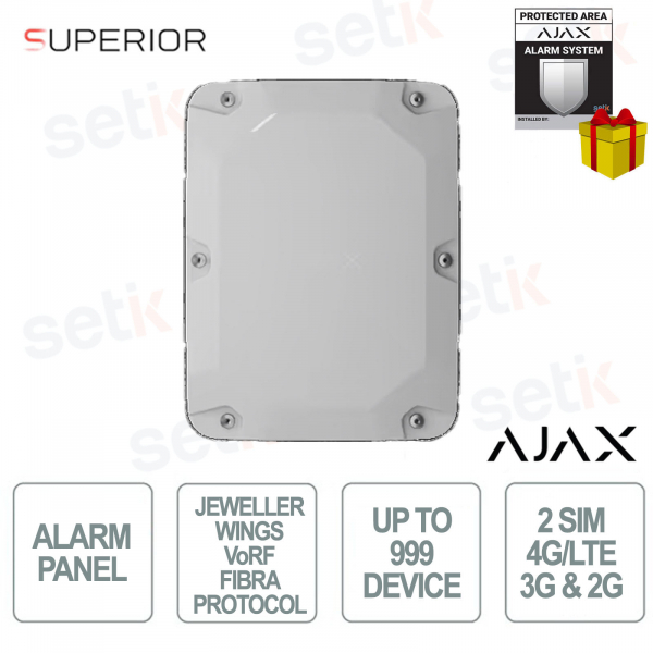 Ajax Superior MegaHub Bianco – Centrale Ibrida 999 Dispositivi con Fibra, LTE e Wi-Fi Grade 3
