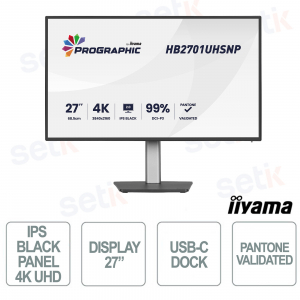 HB2701UHSNP-B1 27" 4K UHD IPS Black, 99% DCI-P3 Pantone Validated, USB-C Dock e KVM per grafica professionale - iiyama