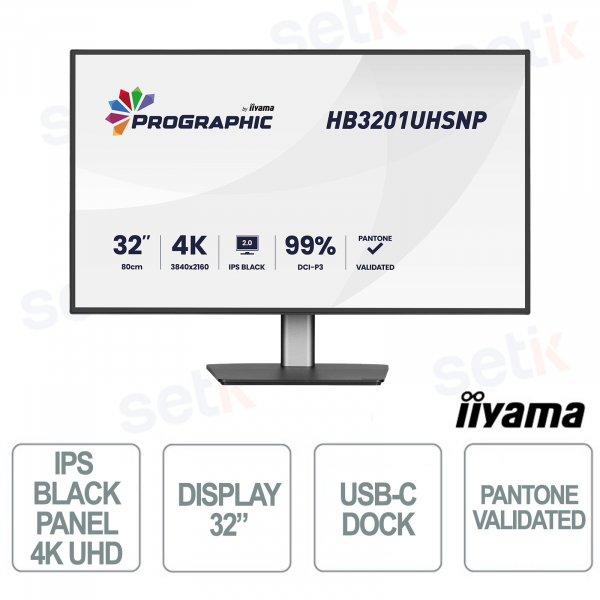 HB3201UHSNP-B1 32" 4K UHD IPS Black, 99% DCI-P3 Pantone Validated, USB-C Dock and integrated KVM - iiyama
