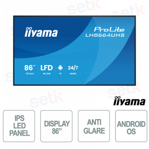 LH8664UHS-B3AG 86" 4K UHD, Android 14, IPS 500 cd/m², WiFi, 24/7, iiSignage² CMS Integrato - iiyama