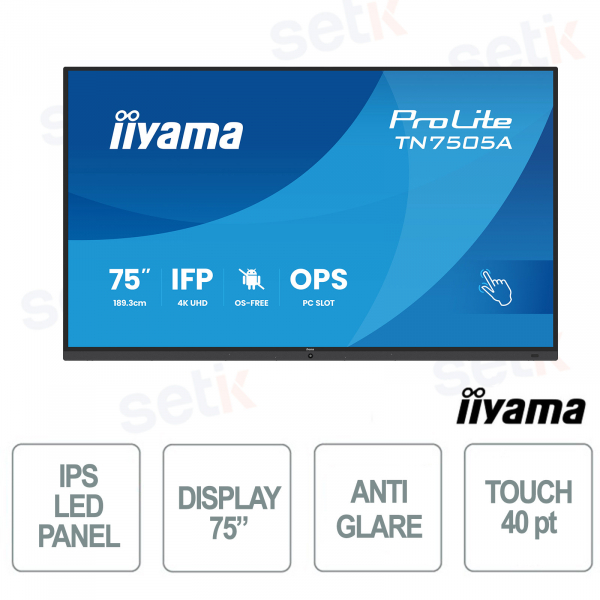 TN7505A-B1AG 75" 4K UHD Touch, OS-Free, 40 Touch Points, IPS 500 cd/m², Plug & Play for Meetings and Training - iiyama