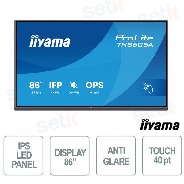 TN8605A-B1AG 86" 4K UHD Touch, OS-Free, 40 Touch Points, IPS 500 cd/m², Plug & Play for Meetings and Training - iiyama