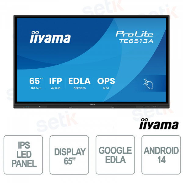 TE6513A-B2AG 65" 4K UHD, Google EDLA, Android 14, Touch 40 punti, WiFi-6E per scuola e aziende - iiyama
