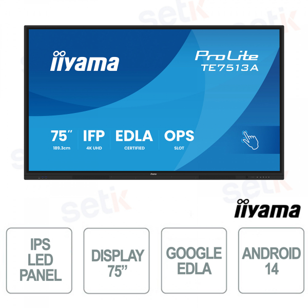 TE7513A-B2AG 75" 4K UHD, Google EDLA, Android 14, tactile 40 points, WiFi 6E pour l'école et le travail - iiyama