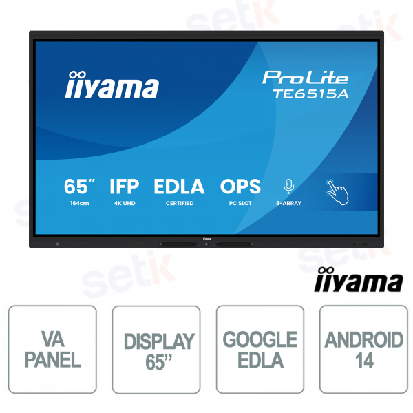 TE6515A-B2AG 65" 4K UHD, Google EDLA, Android 14, 40-point Touch, WiFi-6E for School and Business - iiyama