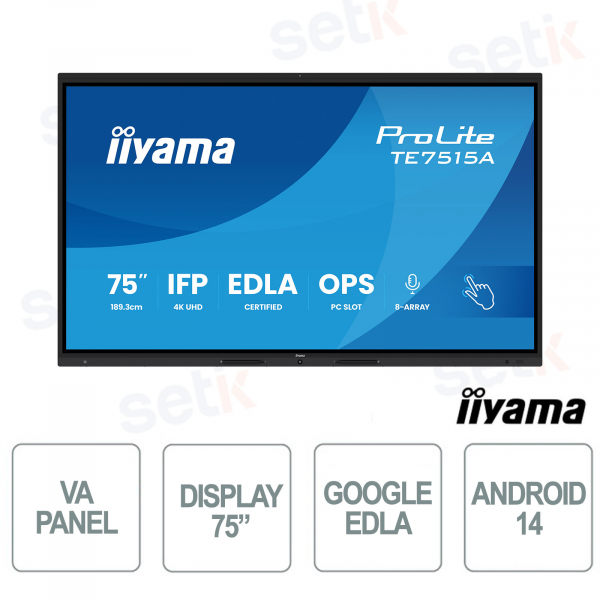 TE7515A-B2AG 75" 4K UHD, Google EDLA, Android 14, tactile 40 points, WiFi 6E pour l'école et le travail - iiyama