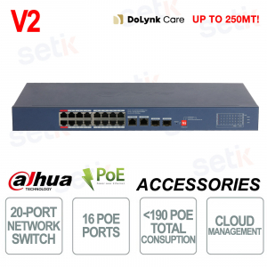 20 Port Gigabit PoE Switch 190W Cloud Managed with SFP VLAN STP 250m - Dahua