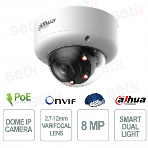 8MP Varifocal Dome 2.7-12mm WizMind AI Smart Dual Light IP67 IK10 with AcuPick and Built-in Microphone - Dahua