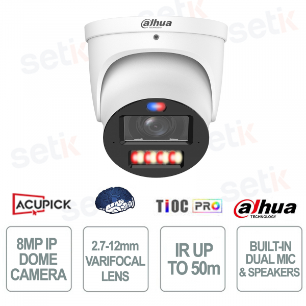 Telecamera 8MP Eyeball 2.7-12mm WizColor TiOC Pro AI con Sirena e Luci Smart Dual Light IP67 - Dahua