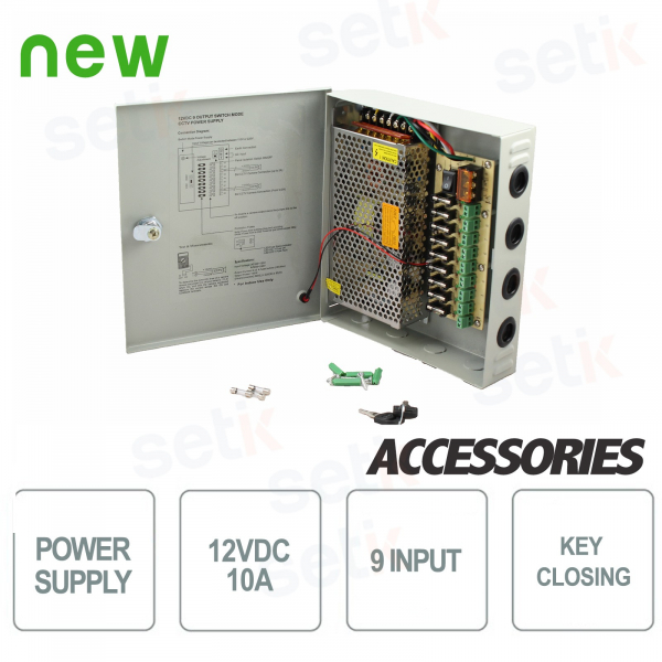 Power Supply Box 12V 10A - 9 Connections - Setik