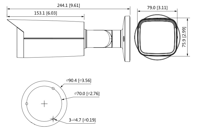 Schema dettagliato con le dimensioni della telecamera HAC-HFW2501T-Z-A Dahua