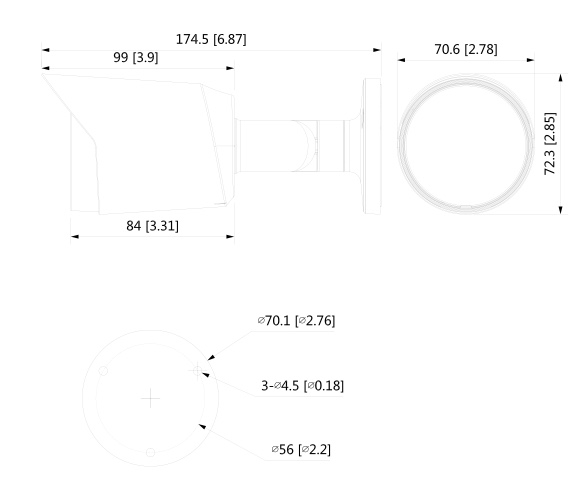 Schema dettagliato con le dimensioni della telecamera HAC-HFW1239T-A-LED-S2 Dahua