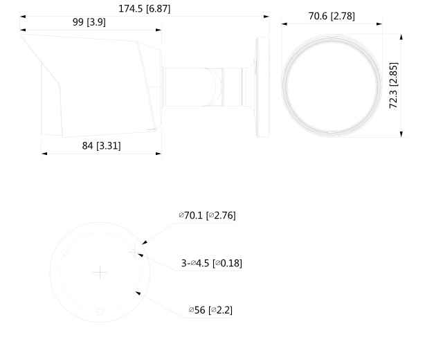 Schema dettagliato con le dimensioni della telecamera HAC-HFW2501T-Z-A Dahua