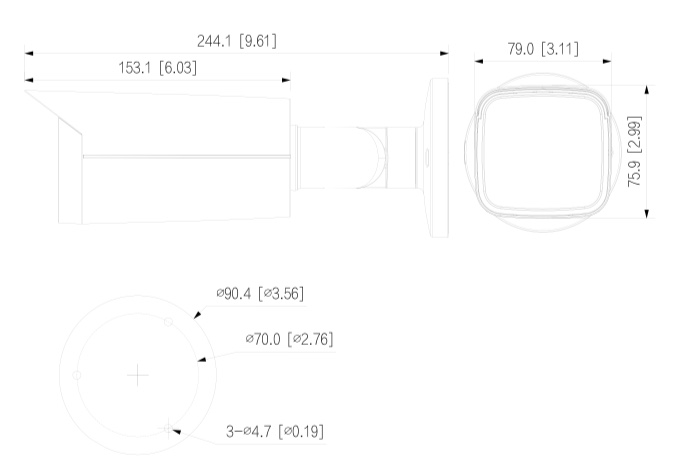 Schema dettagliato con le dimensioni della telecamera HAC-HFW2249T-I8-A-LED Dahua