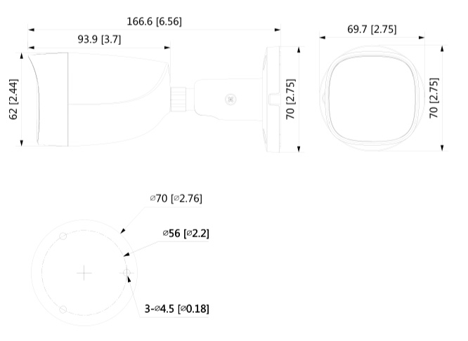 Schema dettagliato con le dimensioni della telecamera Dahua