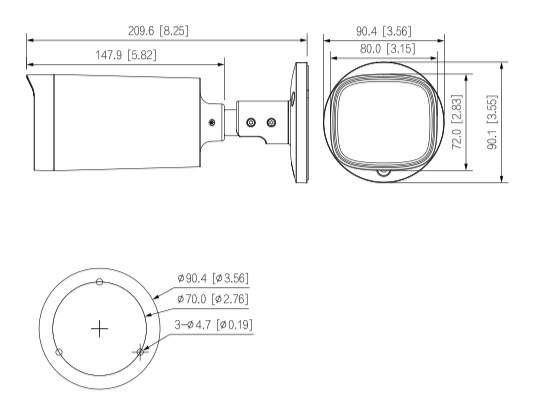 Schema dettagliato con le dimensioni della telecamera HAC-HDW1801M Dahua