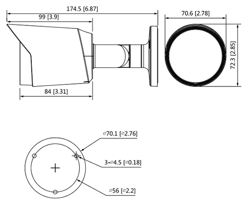 Schema dettagliato con le dimensioni della telecamera HAC-HFW1239T-A-LED-S2 Dahua