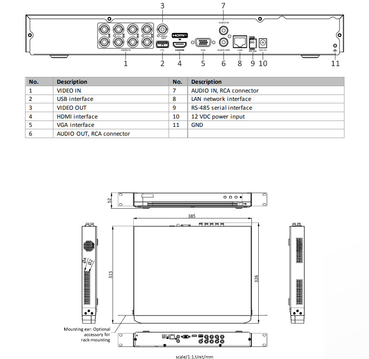 Dimensions de l'iDS-7208HQHI-M2-XT-8A+8-4ALM