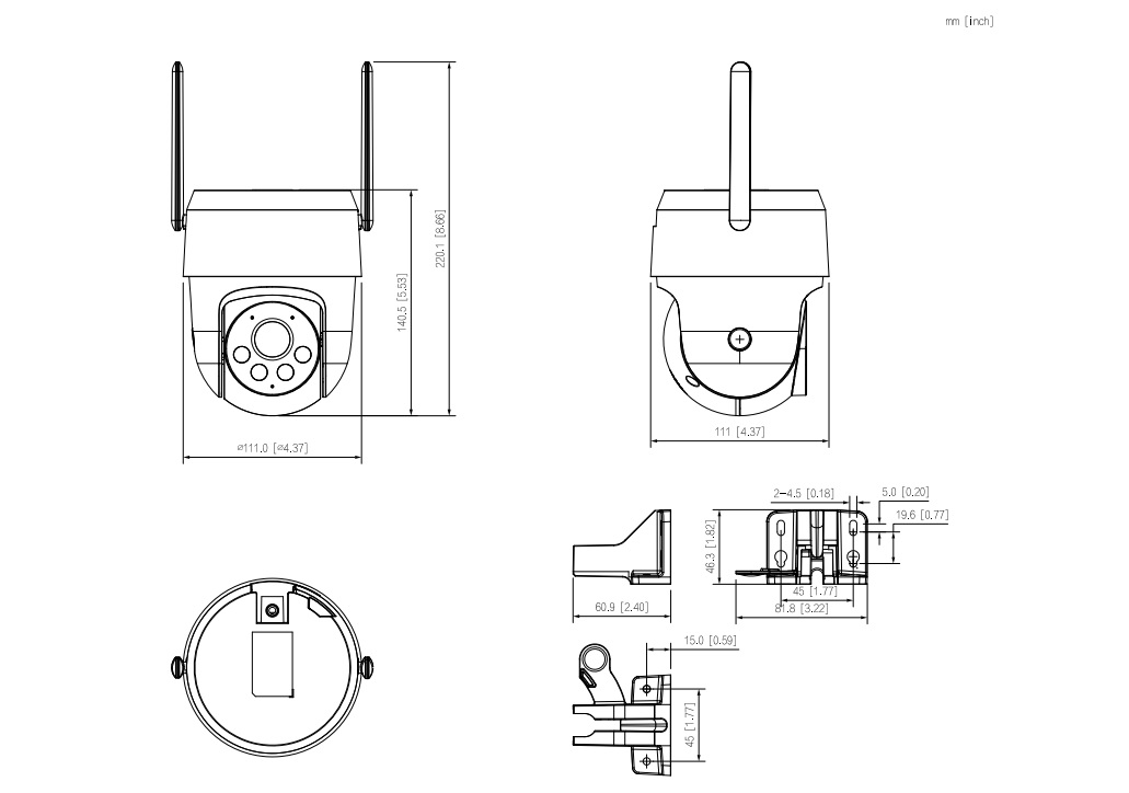Schema dimensionale della telecamera WiFi PT 3MP: misure, ingombri e punti di fissaggio per un’installazione corretta.